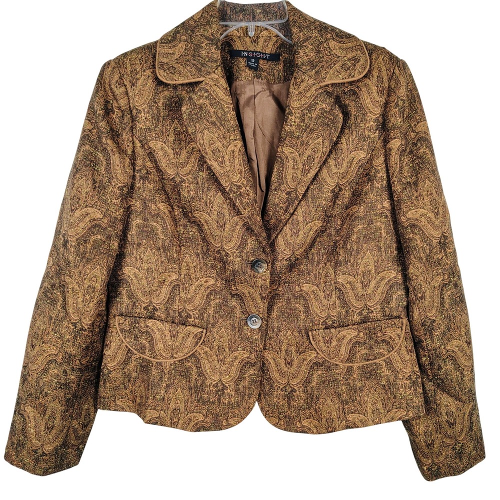 Insight Womens SZ 12 Paisley Blazer Brown Metallic Brocade Dark Academia
